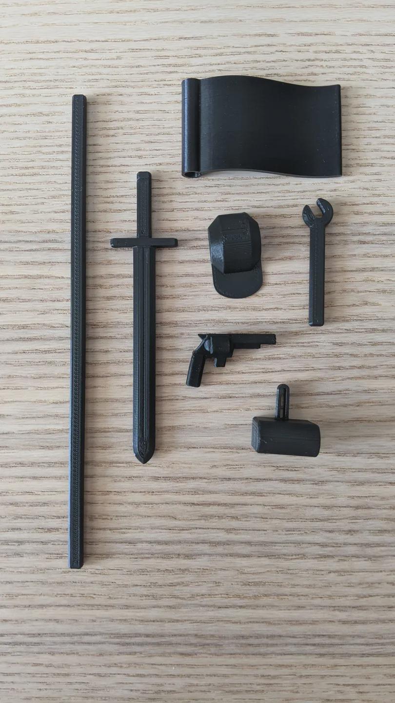 Dummy 13 Zubehör-Set – 3D-gedruckt für Actionfiguren – Schwert, Pistole, Rucksack, Hut u. mehr – kompatibel mit Dummy13 Figur aus PLA, PETG – 3D-Druck von G3DprintsDE