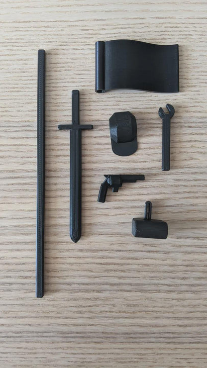 Dummy 13 Zubehör-Set – 3D-gedruckt für Actionfiguren – Schwert, Pistole, Rucksack, Hut u. mehr – kompatibel mit Dummy13 Figur aus PLA, PETG – 3D-Druck von G3DprintsDE