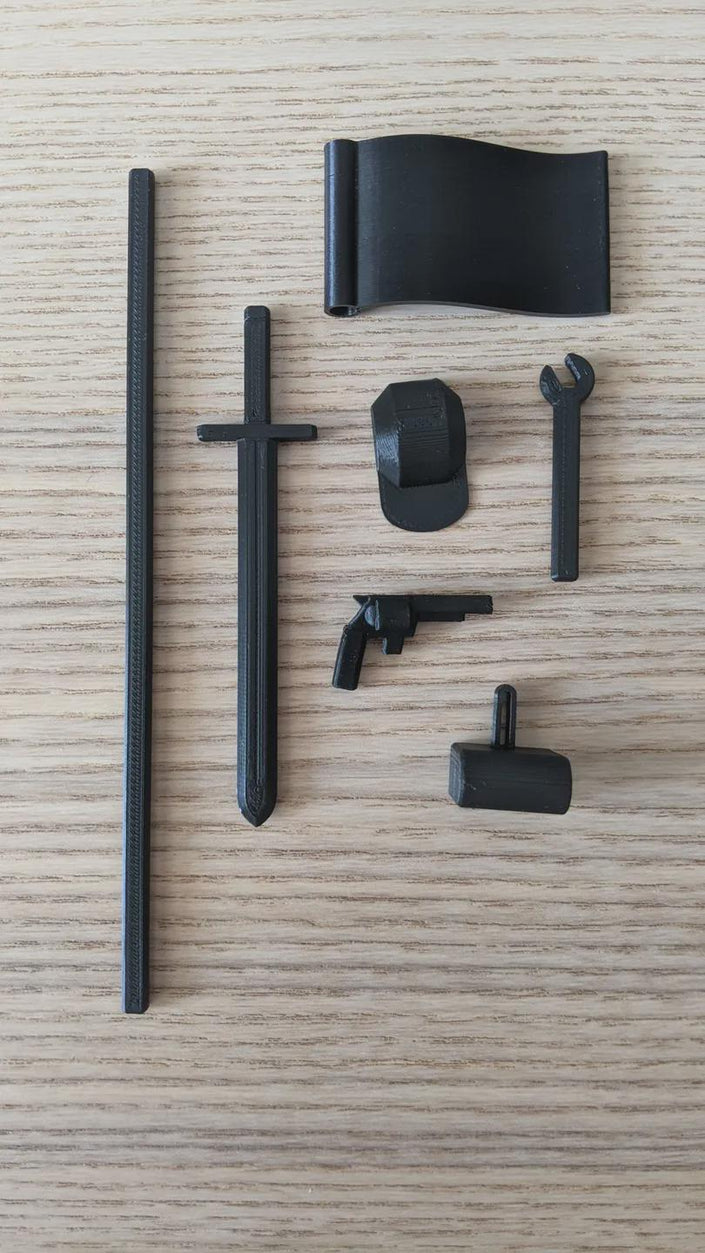 Dummy 13 Zubehör-Set – 3D-gedruckt für Actionfiguren – Schwert, Pistole, Rucksack, Hut u. mehr – kompatibel mit Dummy13 Figur aus PLA, PETG – 3D-Druck von G3DprintsDE